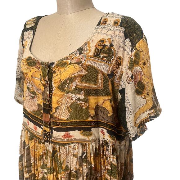 Vintage 80s Boho Cotton Dress Semi Sheer Elephant Print India Size Large - Picture 3 of 12